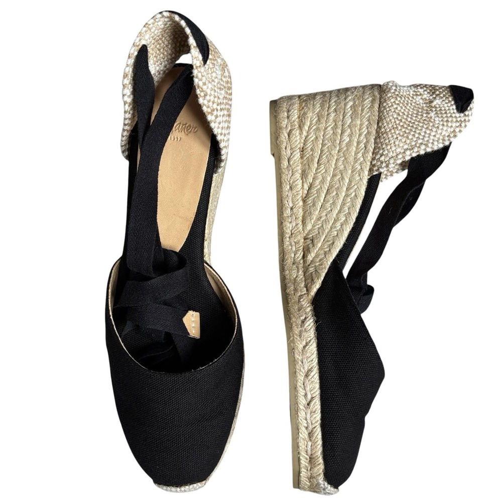 NEW Castaner Carina Espadrille Wedge Sandals Ankle Wrap Tie Size 39 Black